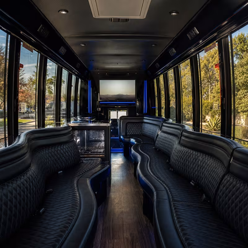 Passenger watching the Boston scenery during a regional party bus road trip