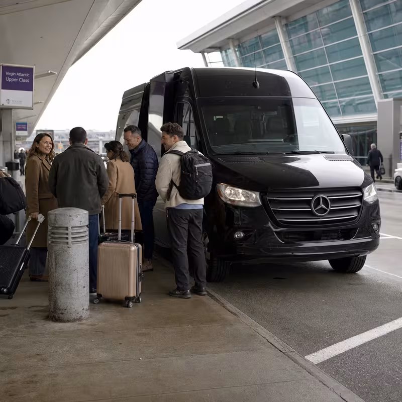 Group boarding a white charter bus for Airport Transportation transportation in Boston