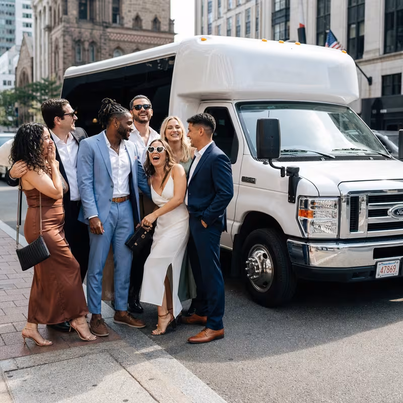 Black Mercedes Sprinter van staged for an Boston Bachelor & Bachelorette Transportation group