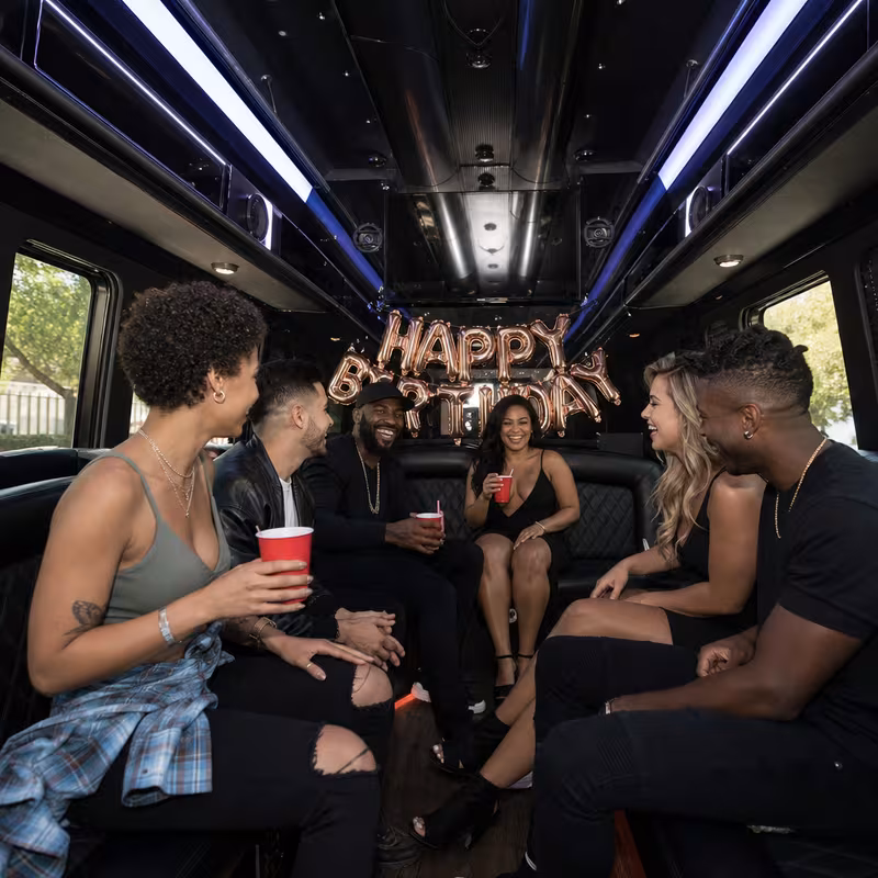 Black Mercedes Sprinter van staged for an Boston Birthday Transportation group