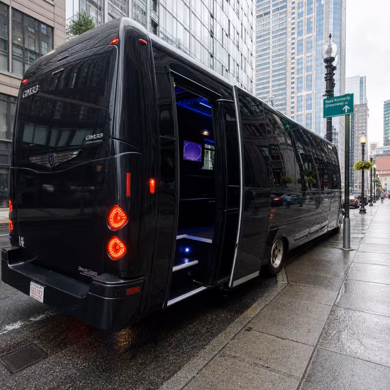 Party bus interior with wraparound leather seating and LED lighting in Boston