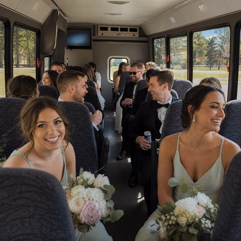 Group boarding a white charter bus for Wedding Transportation transportation in Boston